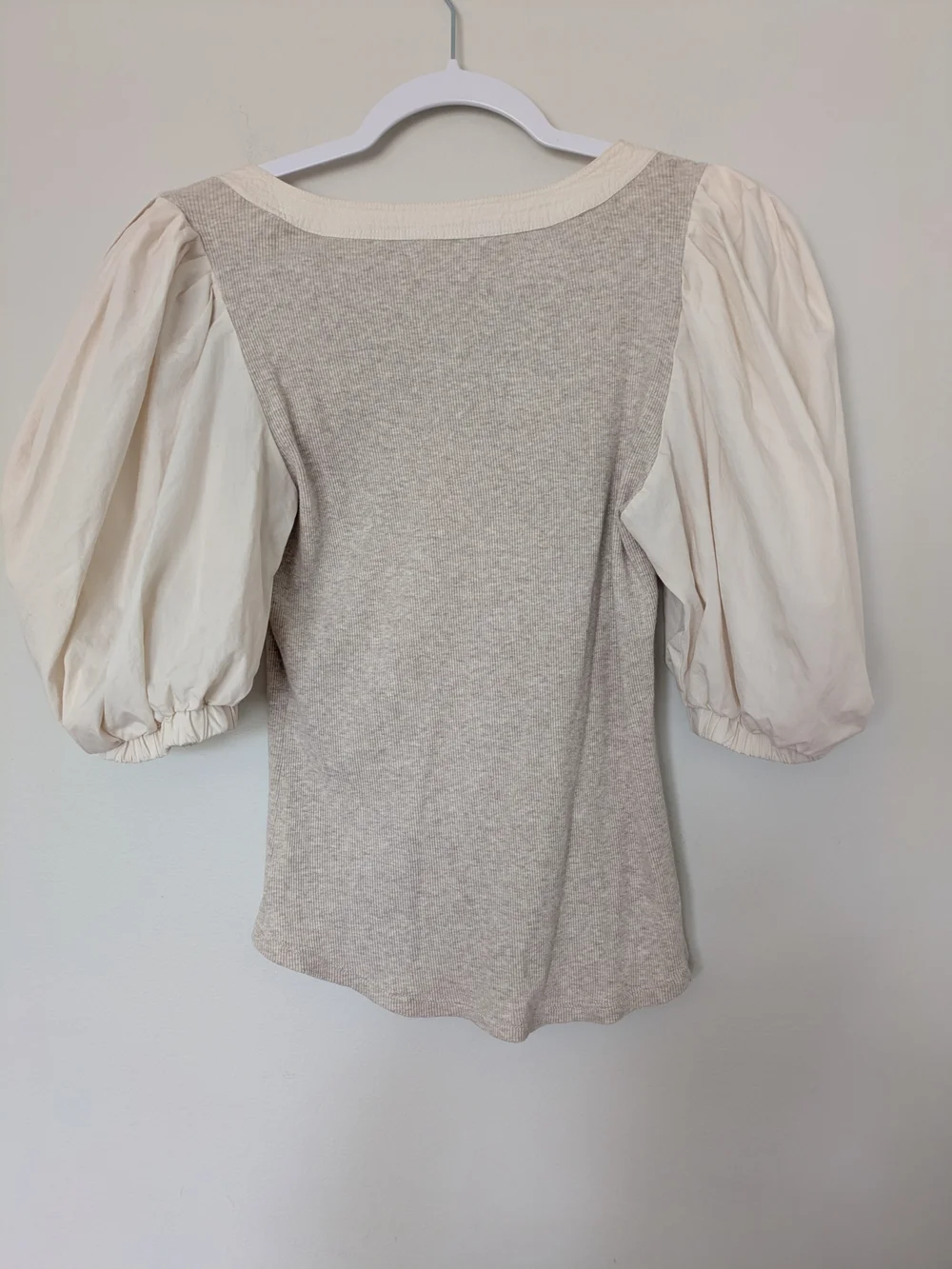 Ulla Johnson Scoop Neck Puff Sleeve Top in Beige and Cream